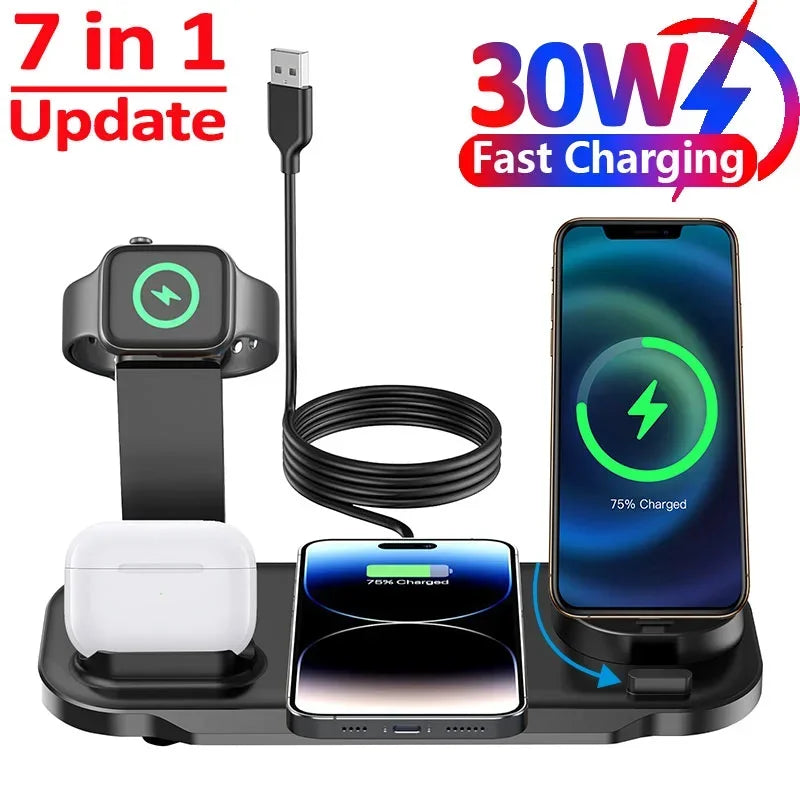 Carregador 7 in 1 30W Wireless Charger Stand Pad For iPhone 15 14 Samsung Xiaomi Apple Watch 8 7 6 Airpods Pro Fast Charging Dock Station