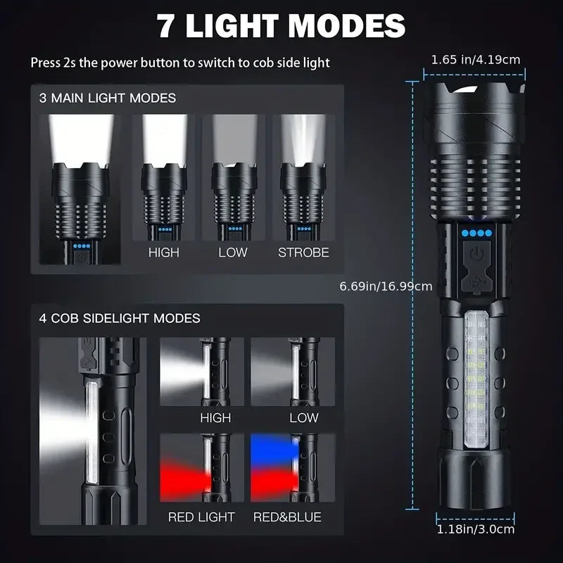 Lanterna Potente 9000LM - High Strong Power Led Flashlights Tactical Emergency Spotlights Telescopic Zoom Built-in Battery USB Rechargeable Camping Torch